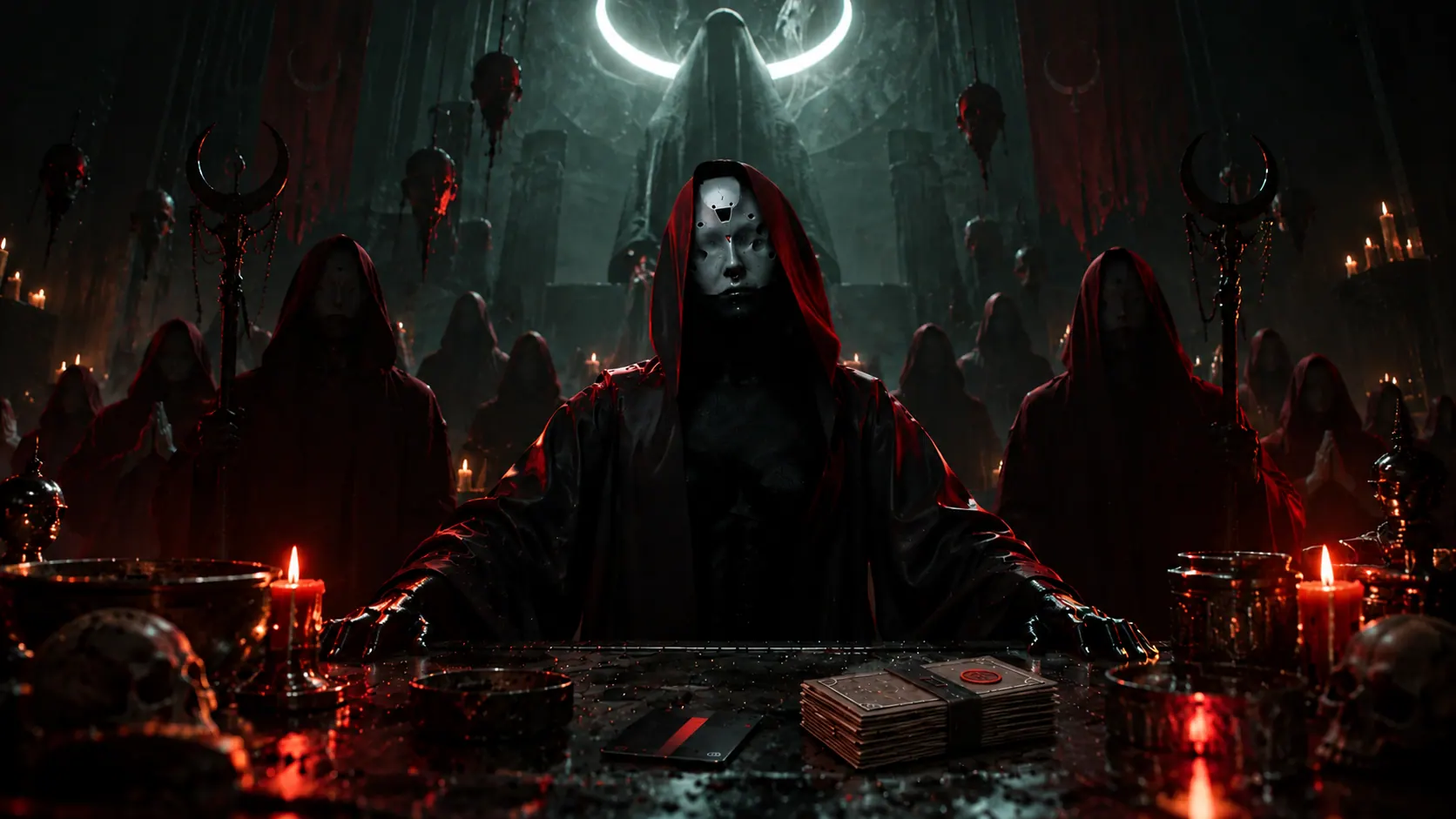 A masked cult leader at a candlelit table