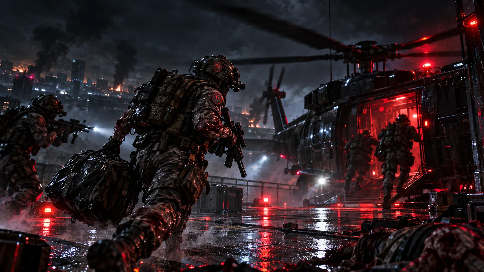 A squad running to an extraction helicopter