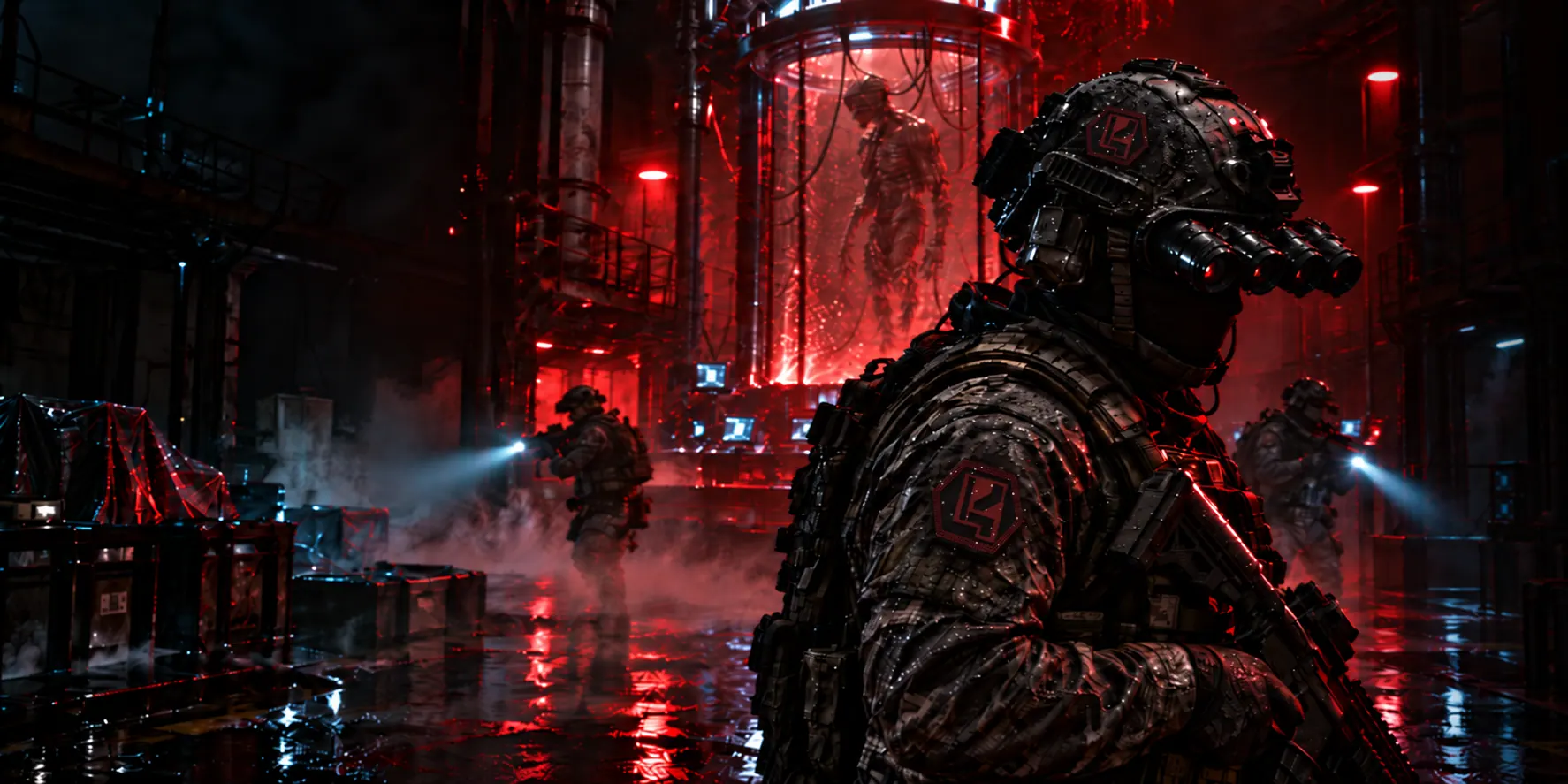 A KAZI operator in a red-lit lab beside a specimen tank